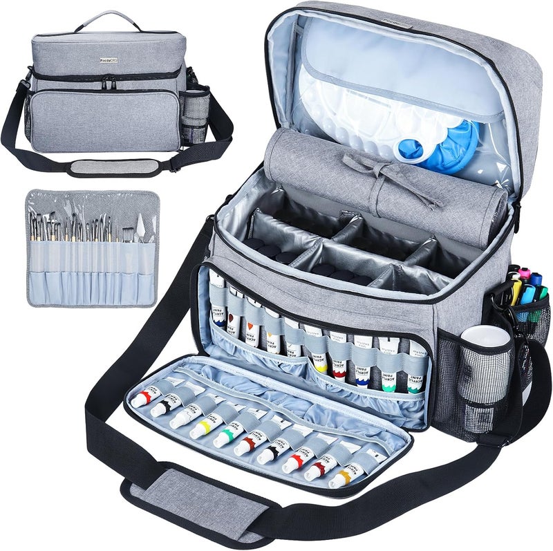 POCDUORG Store Acrylic Paint and Brush Set Organizer Bag - Carrying Case Compatible with Apple Barrel, Shuttle Art, Caliart Art Supplies - Includes Detachable Paint Brush Holder - for Travel/Outdoor Sketching (Gray) - Image 1